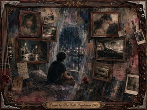 A solitary figure sits beside a rain-streaked window, surrounded by fading framed memories, blurred city streets, a car interior, cassette player, and shadowy portraits. Smoky blues, sepia browns, dusty rose, and deep red accents create a melancholy glow. Layered oil, acrylic, and watercolor textures evoke nostalgic, fractured emotional memories.