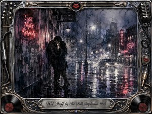 A rain-soaked city street frames a couple embracing beneath glowing neon signs, their dark silhouettes reflected across shimmering pavement. Moody blues, charcoal grays, and crimson highlights create a seductive, nocturnal atmosphere. Expressive watercolor textures soften the skyline, while an ornate chrome-and-gold musical frame, vinyl records, microphones, and red lips add nostalgic rock imagery.