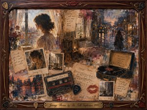 A wistful young woman appears among layered memories of a quiet room, rainy streets, Polaroids, notes, cassette tape, sheet music, and a record player. Sepia, dusky blue, faded rose, and amber tones glow softly through painterly oil, acrylic, and watercolor textures, framed by ornate rosewood, gold inlay, guitar picks, and red lips.