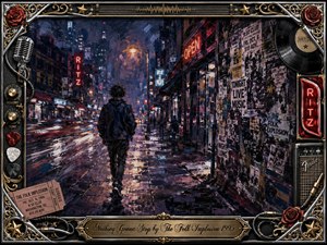 A solitary figure walks down a rain-soaked neon city street, surrounded by blurred traffic, weathered posters, and glowing club signs. Deep blues, violet shadows, and fiery reds create a restless, determined mood. Thick expressive paint textures fill the scene, framed by chrome, gold filigree, roses, records, cables, and musical hardware.