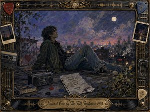 A solitary young man reclines on a twilight rooftop, surrounded by a cassette player, scattered guitar picks, handwritten notes, and creeping plants. Dusky blues, smoky violets, muted greens, and amber city lights create a dreamy, melancholic mood. Textured gouache brushwork and an ornate music-themed frame give the scene nostalgic 1990s character.