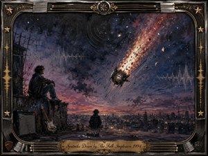 Two solitary figures watch a damaged satellite blaze across a twilight city sky, surrounded by rooftop music gear and distant lights. Smoky blues, purples, charcoal, and fiery orange create a melancholic, dreamlike mood. Layered acrylic-watercolor textures, radio-wave motifs, and an ornate chrome-and-gold music-themed frame give the scene nostalgic indie-rock atmosphere.