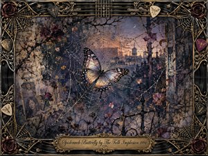 A luminous butterfly hangs within a delicate spiderweb against a weathered twilight cityscape, creating a haunting balance of fragility and entrapment. Muted violet, charcoal, bronze, and dusty rose tones glow under soft dusk light. Layered painterly textures, faded portraits, dark roses, vinyl, strings, and ornate gold details enrich the nostalgic frame.