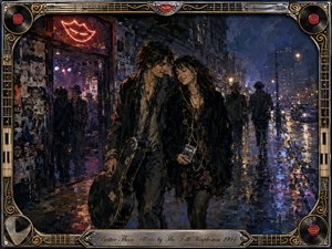 A young bohemian couple walks closely along a rain-soaked city street after an intimate club show, sharing a quiet, affectionate smile. Deep blues, smoky purples, amber reflections, and red neon lips create a nostalgic glow. Textured painterly brushwork, torn posters, musical details, and an ornate chrome-gold frame enhance the dreamy indie atmosphere.