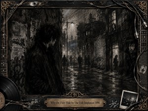 A shadowed young figure stands in a rain-darkened urban alley, surrounded by distant silhouettes, hidden faces, and distressed posters suggesting secrecy and isolation. Deep charcoal textures, smoky grays, and pale streetlight reflections create a tense, melancholy mood, while the ornate music-themed frame adds vintage indie-rock character and tactile detail.