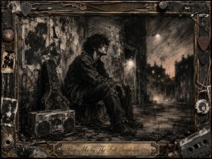 A brooding young musician sits alone in a decaying urban alley beside a battered guitar case and boombox, surrounded by torn posters, cables, picks, and cassette imagery. Deep charcoal textures, muted browns, smoky grays, and dim streetlights create a restless, introspective mood, framed by ornate distressed metalwork and a vintage engraved title plate.