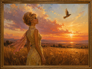 A graceful woman stands in a glowing field beneath a sweeping sunset, watching a solitary bird rise into the open sky. Golden grasses, distant hills, and warm clouds create a dreamlike sense of freedom and longing. Her windblown scarf and quiet expression capture the romantic spirit of Lady Bird.