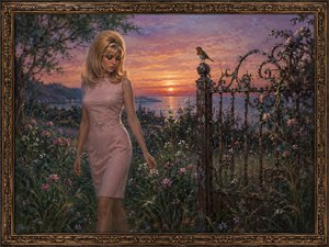 In a flower-filled garden at twilight, an elegant woman walks beside an ornate iron gate while a small bird watches from above. The fading sunset reflects across distant water, surrounding the scene with soft pink and violet light. The painting suggests tenderness, memory, and the quiet sadness of love slipping away.