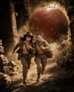 Two fearless friends race through a crumbling ancient temple as a colossal red apple thunders behind them. Dressed in rugged archaeological adventure gear, they charge toward safety through flying debris, swirling dust, and dramatic golden light. Their determined expressions transform a playful landmark into an exhilarating escape filled with danger.
