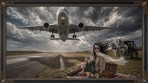 A woman sits calmly on an airport runway as a massive passenger jet roars directly overhead. Its shadow stretches across the asphalt while violent engine turbulence whips her hair and clothing, sending dust and debris swirling through the air. The dramatic low-angle scene captures danger, scale, motion, and cinematic intensity.