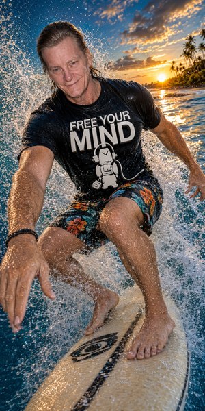 A fearless surfer charges through towering ocean spray at sunset, balanced firmly on his board. Warm golden light, tropical shoreline, vivid water droplets, and the bold FREE YOUR MIND shirt create an energetic portrait of confidence, freedom, adventure, and pure coastal exhilaration captured in motion.