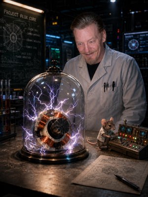 Inside a shadowy futuristic laboratory, an intrigued scientist studies a crackling electromagnetic core sealed beneath a glass bell jar. His raised eyebrow, warm expression, handlebar mustache, and goatee add character, while a clever mouse operates glowing controls. Copper coils, blue sparks, monitors, and diagrams create cinematic scientific wonder and drama.