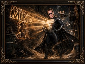 A fearless urban hero stands amid a storm-swept alley, his glowing Free Your Mind emblem casting radiant beams onto weathered brick. Aviator glasses, armored suit, and flowing cape create cinematic power, while swirling dust, sparks, and a caped mouse companion add playful energy. An ornate black-and-gold frame completes the scene.