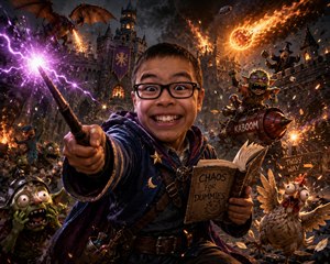 Enter a wildly entertaining fantasy adventure where a fearless young wizard commands magical chaos! Surrounded by blazing castles, mischievous goblins, roaring dragons, flying fireballs, and explosive spells, his unstoppable grin steals the scene. Rich cinematic detail, playful mayhem, and spectacular energy make this unforgettable artwork a true instant conversation piece.