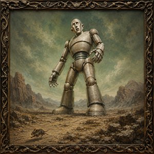 An imposing weathered metal giant stands centered in a barren rocky valley, framed by ornate bronze vines. Its refined mechanical anatomy and restrained chest proportions create believable scale, while dramatic clouds and distant cliffs deepen the scene. A tiny running mouse adds motion, humor, and striking contrast below the colossus.