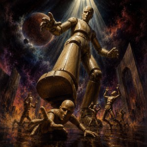 Under cosmic spotlights, a colossal wooden jointed manikin strides through smoky ruins, its massive foot poised above a smaller figure. The foreground manikin reaches toward the viewer in panic, while others plead nearby. Reflective flooring, burning nebula clouds, planets, and carved wood textures create dramatic retro science fiction tension, urgency.