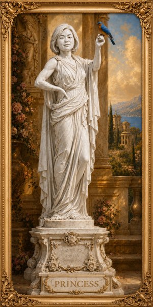A regal marble princess stands gracefully within a glowing classical garden, her sculpted robes cascading over an ornate pedestal. A vivid blue-and-orange bird rests on her raised hand, while roses, columns, distant temples, and golden light enrich the scene. The carved frame completes this elegant, timeless tribute to beauty and grace.