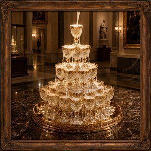 An ornate crystal goblet fountain rises within a grand museum hall, framed by richly carved antique wood. Warm gaslight glows across gold accents, cut glass, polished marble, and flowing milk cascading gently through each tier. Classical paintings, sculpture, and distant displays create an elegant atmosphere of timeless luxury and wonder.