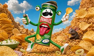 Whimsical chip-land scene features a dancing green Pringles-style can mascot with gloved hands, sneakered feet, popped lid, bug eyes, and a recessed glossy tongue-out mouth. One hand holds a lit lighter, the other a crisp. Golden chips, crumbs, dip, onion rings, and a hungry mouse fill the sunny snack canyon.