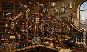 A whimsical Rube Goldberg workshop bursts with brass gears, wooden ramps, pulleys, bells, marbles, and clever chain reactions. Warm light reveals a fishbowl, birdcage, bowling pins, blueprints, and playful signs. Every corner feels engineered, improvised, and alive, turning ordinary objects into one grand motion-filled invention of wonder, humor, and magic.