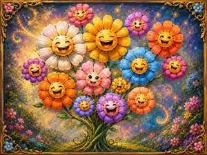 Whimsical laughing flowers bloom in a magical hand-painted garden, each face bursting with joyful personality, playful motion, and bright storybook charm. Rich petals, glowing sparkles, twisting vines, and an ornate golden floral frame create a cheerful fantasy artwork full of color, humor, warmth, and enchanted delight for any wall display.