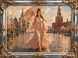 A graceful woman strolls through historic Moscow Square in a flowing cherry-blossom dress, holding a matching parasol beneath warm golden light. Reflective cobblestones, colorful cathedral domes, and romantic spring blooms create an elegant storybook atmosphere, finished with a mirror chrome frame and deep gold inlays for timeless gallery appeal beauty.