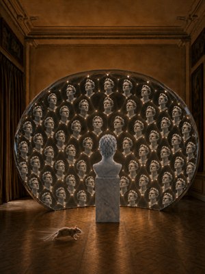 Inside a warm grand gallery, a pale-blue marble bust faces a glowing mirrored dome filled with repeated portrait reflections. Golden nodes sparkle across the geodesic lattice, while polished parquet draws the eye forward. A playful mouse races across the foreground, adding whimsy to this surreal, cinematic sculpture scene of wonder.