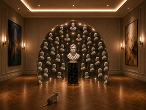 Centered in a warm gallery, a marble bust rises from a black veined pedestal before a concave geodesic mirror dome. Thirty-one elegant reflections surround the sculpture in balanced symmetry, creating a dramatic study of identity, light, and perspective. Polished wood, gold glow, and classical detail make this artwork unforgettable today.