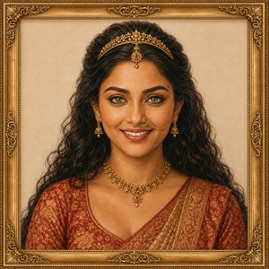 A graceful traditional Indian portrait glows with elegance and warmth. Light green cat-like eyes, a joyful smile, flowing dark curls, and ornate gold jewelry create regal charm. The red-and-gold tapestry garment adds rich ceremonial beauty, while the carved gold frame completes a polished, collectible hand-painted masterpiece.