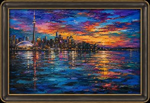 Experience Torontos skyline alive with electric sunset color, the CN Tower and Skydome glowing beside shimmering lake reflections. Bold brushwork, smoky glass framing, and polished gold trim create a premium gallery piece full of motion, depth, and waterfront magic. A stunning showpiece for Kung Fu Hand Painting collectors everywhere today.