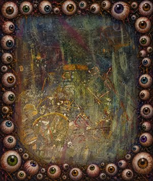 Step into spooky brilliance with this electrifying abstract artwork, now framed by wild Halloween novelty eyeballs! Colorful irises, eerie veins, and playful chaos surround a textured storm of paint and mystery. Perfect for bold seasonal decor, haunted galleries, or anyone craving creepy, creative impact. This piece truly watches you back!