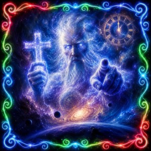 This image presents GOD as a vast cosmic presence, stern yet majestic, emerging from galaxies of light. His glowing eyes, ghostly cross, pointing hand, celestial clock, and neon frame suggest judgment, time, faith, and creation. It feels powerful, mysterious, and unforgettable, perfect for bold spiritual fantasy promotion and dramatic artwork.