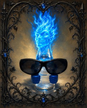 This electrifying artwork showcases a cool glass spirit blazing with a transparent blue flaming head, framed by dramatic gothic wrought iron. Dark sunglasses, glowing gems, and painterly texture make it explode with attitude, mystery, and fantasy power. A bold showpiece for Kung Fu Hand Painting, unforgettable, magical, insanely exciting, and ready now!