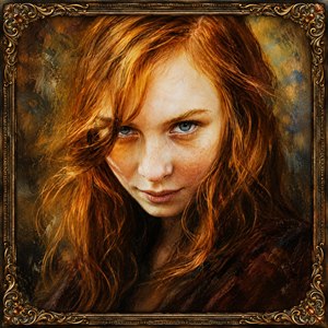 Explosive hand-painted beauty blazes from this portrait, with fiery red hair, icy blue eyes, and a predator-sharp stare that owns the room. The ornate gold frame roars luxury, wrapping every brushstroke in museum-grade drama. A powerful, unforgettable showpiece made to stop viewers cold instantly and demand attention forever, pure fire.