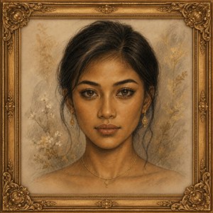 A radiant hand drawn portrait glows inside an ornate antique gold frame, with carved floral corners and warm botanical accents. The woman appears elegant and poised, wearing delicate gold earrings, nose ring, and necklace. Rich skin tones, expressive eyes, and textured pencil detail make this artwork feel luxurious and unforgettable.
