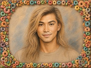 This vibrant colorized pencil sketch captures a weathered, warm smiling man with long thin blond hair. The playful cereal-loop frame bursts with color, complex corners, and handcrafted charm, turning the portrait into a whimsical, eye-catching art piece ready to celebrate and display.
