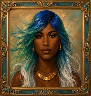 An electrifying regal portrait bursts with power: a dark-skinned beauty commands the canvas, her blue-green hair whipping like ocean lightning into white tips. Gold earrings, eyebrow ring, and a bold necklace blaze against warm skin. Ornate gilded framing, teal accents, and painterly glow transform her into a gallery-dominating masterpiece instantly.