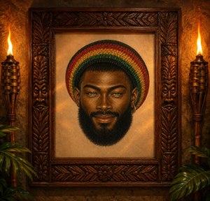 A striking hand-painted portrait glows with confident warmth, featuring deep skin tones, bright green almond eyes, a thick sculpted beard, and a single gold hoop earring. An elaborate radio-tube collage frame surrounds the face, its lit filaments, brass details, and complex corners creating vintage electric drama and collectible gallery presence.