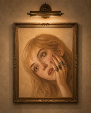 An enchanting antique portrait glows beneath a vintage brass wall light, wrapped in a richly carved golden frame. The startled blonde beauty, adorned with gothic rings, long nails, and cascading gold earrings, radiates mystery, elegance, and emotion. Warm gallery lighting turns this hand-painted treasure into a captivating collectors centerpiece today.