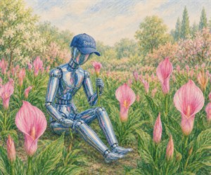 A dazzling blue chrome manikin relaxes in a dreamy field of pink calla lilies, wearing a proud Space X cap and smelling one perfect bloom. Reflective metal glows with garden colors, while lush leaves, dew, and blossoms create a magical hand-painted showpiece bursting with charm, wonder, and collector-worthy beauty today.
