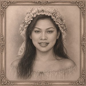 Im in love with this graceful portrait: a serene woman gazes warmly from beneath a lavish floral bonnet, her delicate nose ring and gentle smile glowing in soft sepia pencil tones. The ornate carved frame wraps the artwork like a treasured heirloom, romantic, elegant, unforgettable, and ready to captivate collectors.
