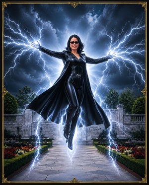 A commanding heroine floats above a formal garden courtyard, wrapped in glossy black armor and a sweeping cape. Lightning erupts from her hands as storm clouds blaze behind her. The elegant gold frame sharpens the cinematic drama, creating a powerful fantasy portrait of courage, energy, style, and unstoppable electric grace.