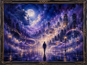 A lone traveler walks toward a dreamlike city where buildings rise through violet clouds and streams of golden music drift across the sky. A serene face appears within the moonlit heavens, symbolizing memory, longing, and human emotion. The ornate dark frame completes this soulful vision of wonder and self-discovery.