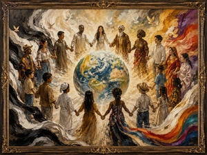People from many cultures join hands around a glowing Earth as sweeping black, white, and colourful brushstrokes unite beneath peaceful doves. The richly textured scene transforms contrast into harmony, celebrating shared humanity, cultural diversity, and the belief that compassion is stronger than every barrier created by appearance.