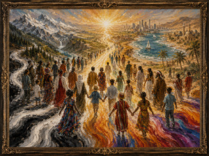 A diverse procession travels through mountains, forests, deserts, cities, and coastal landscapes toward a brilliant rising sun. Black-and-white pathways gradually merge into radiant colour, symbolizing humanity moving beyond division. The grand painted journey expresses hope, equality, cooperation, and a shared future shaped by unity rather than difference.