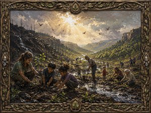 Across a wounded valley, families and neighbours kneel together to plant young trees in rain-soaked earth. Sunlight breaks through the clouds as birds return and fresh streams begin to flow. Framed with carved leaves, branches, and water droplets, the scene celebrates healing, cooperation, and natures remarkable ability to recover.