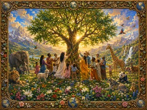 People of many cultures gather peacefully beneath a magnificent flowering tree, surrounded by animals, birds, mountains, waterfalls, and brilliant wildflowers. Warm sunlight pours through the branches, uniting every living creature in a radiant vision of renewal. The ornate vine-and-globe frame celebrates Earth as one shared and precious home.