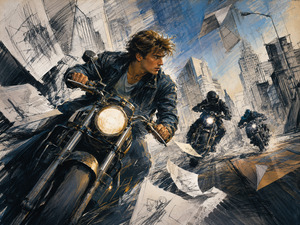 A determined rider races through a city built from charcoal lines, torn pages, and painted architecture. Two shadowy motorcyclists pursue him through swirling paper and flying debris. The glowing headlight, sharp perspective, and storm of unfinished drawings create a powerful scene of danger, urgency, courage, and escape.