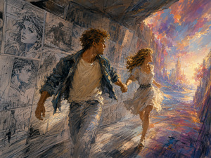 Holding hands, a young couple runs from a monochrome corridor of comic panels toward a radiant world filled with color. Drawn faces and sketched buildings fade behind them as brilliant sunlight floods the path ahead. The scene expresses trust, adventure, transformation, and the fearless decision to follow love into the unknown.