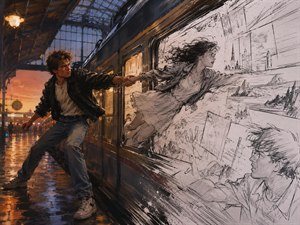 At a rain-soaked train station, a young man desperately pulls a woman through the window of a moving train. Her body remains partly within a pencil-drawn world while his stands in warm painted reality. Their joined hands become the fragile connection between separation and reunion, imagination and life.